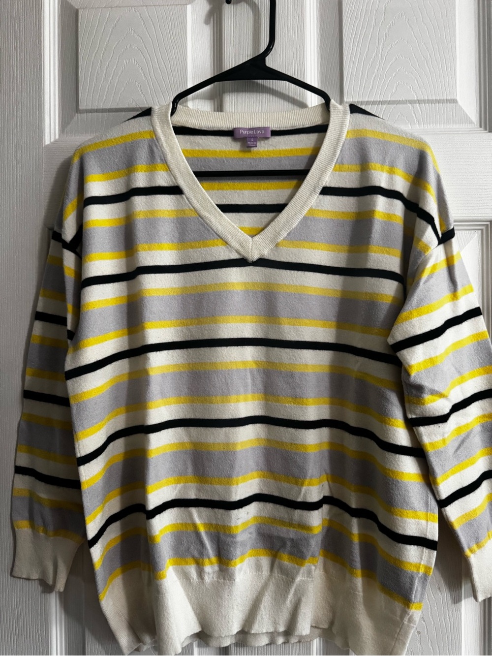 Purple Lava Striped V-Neck Sweater in Yellow, Black, Gray and Cream